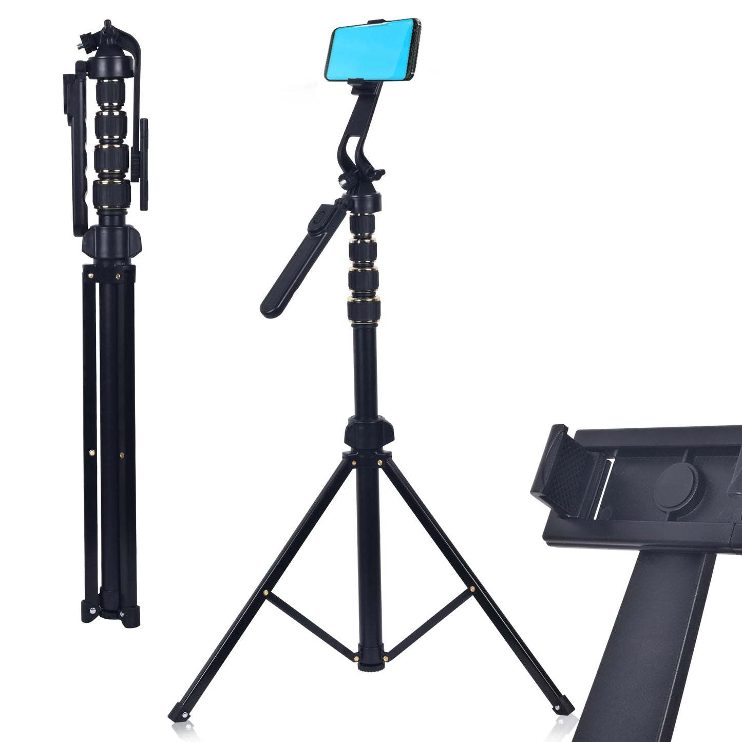 KOD Lightweight & Portable Portable 6.1 Feet (74 Inch) Long Tripod Stand Lightweight & Portable with Adjustable Clip for All Mobiles & Cameras Black & 24k Golden Finished