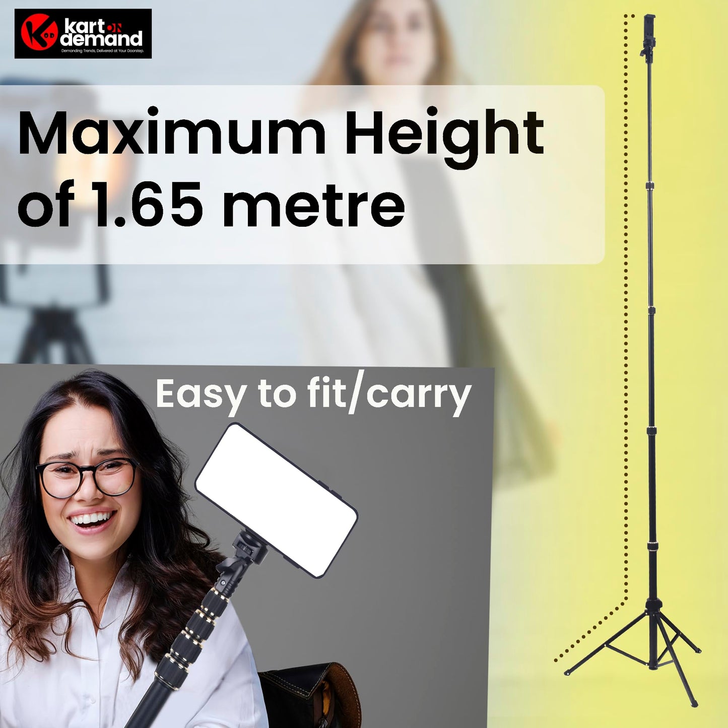 KOD Lightweight & Portable Portable 6.1 Feet (74 Inch) Long Tripod Stand Lightweight & Portable with Adjustable Clip for All Mobiles & Cameras Black & 24k Golden Finished