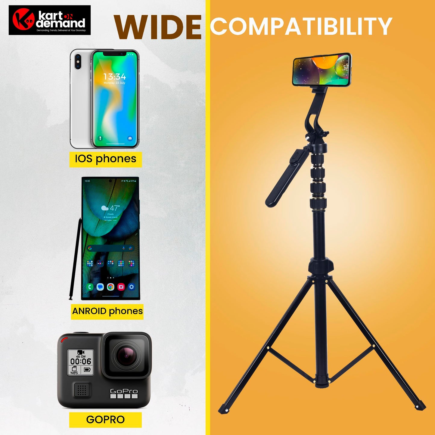 KOD Lightweight & Portable Portable 6.1 Feet (74 Inch) Long Tripod Stand Lightweight & Portable with Adjustable Clip for All Mobiles & Cameras Black & 24k Golden Finished