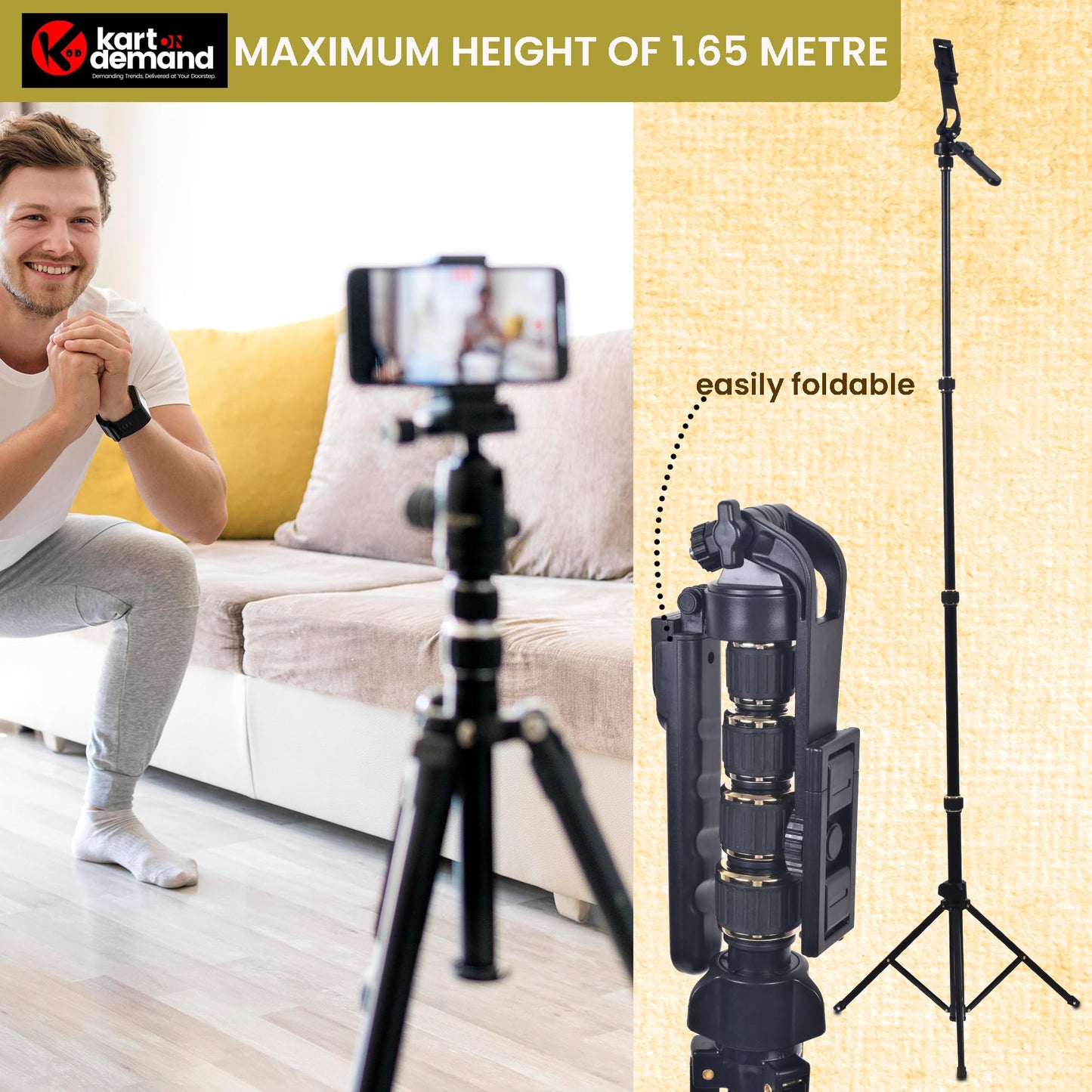 KOD Lightweight & Portable Portable 6.1 Feet (74 Inch) Long Tripod Stand Lightweight & Portable with Adjustable Clip for All Mobiles & Cameras Black & 24k Golden Finished