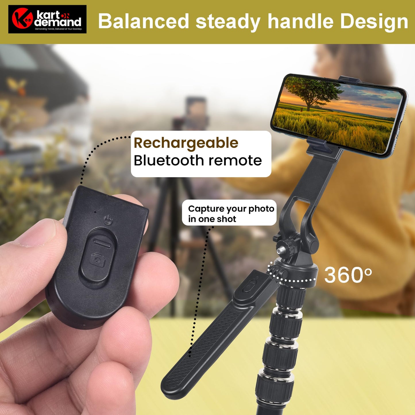 KOD Lightweight & Portable Portable 6.1 Feet (74 Inch) Long Tripod Stand Lightweight & Portable with Adjustable Clip for All Mobiles & Cameras Black & 24k Golden Finished