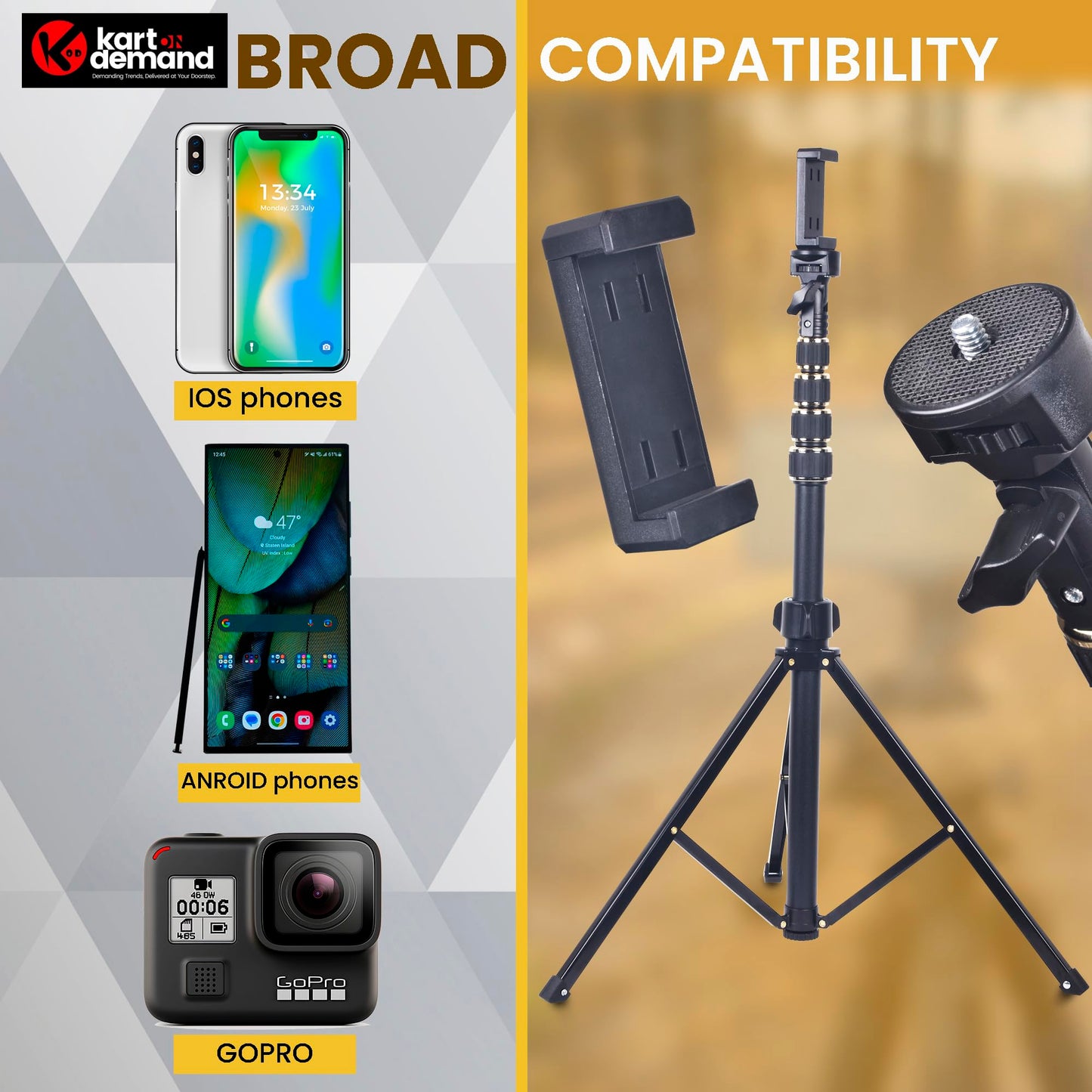 KOD Lightweight & Portable Portable 6.1 Feet (74 Inch) Long Tripod Stand Lightweight & Portable with Adjustable Clip for All Mobiles & Cameras Black & 24k Golden Finished
