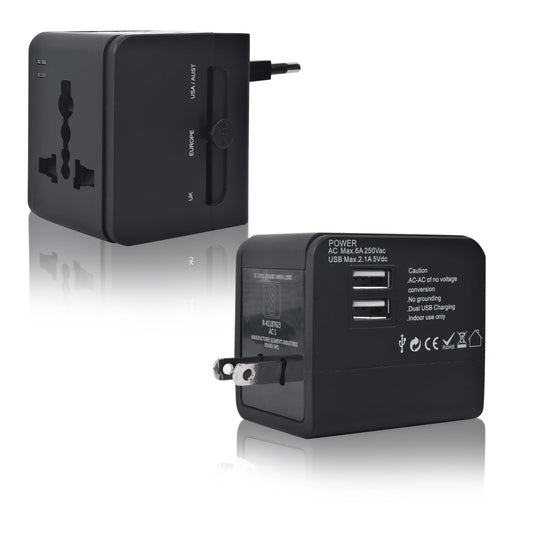 Universal Travel Adapter, International All in One Worldwide Travel Adapter and Wall Charger with USB Ports with Multi Type Power Outlet USB 2.1A,100-250 Voltage Travel Charger (Black)