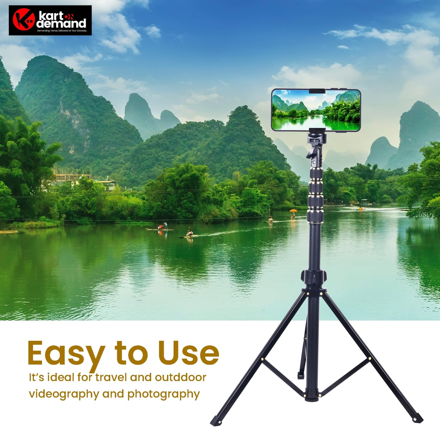 KOD Lightweight & Portable Portable 6.1 Feet (74 Inch) Long Tripod Stand Lightweight & Portable with Adjustable Clip for All Mobiles & Cameras Black & 24k Golden Finished