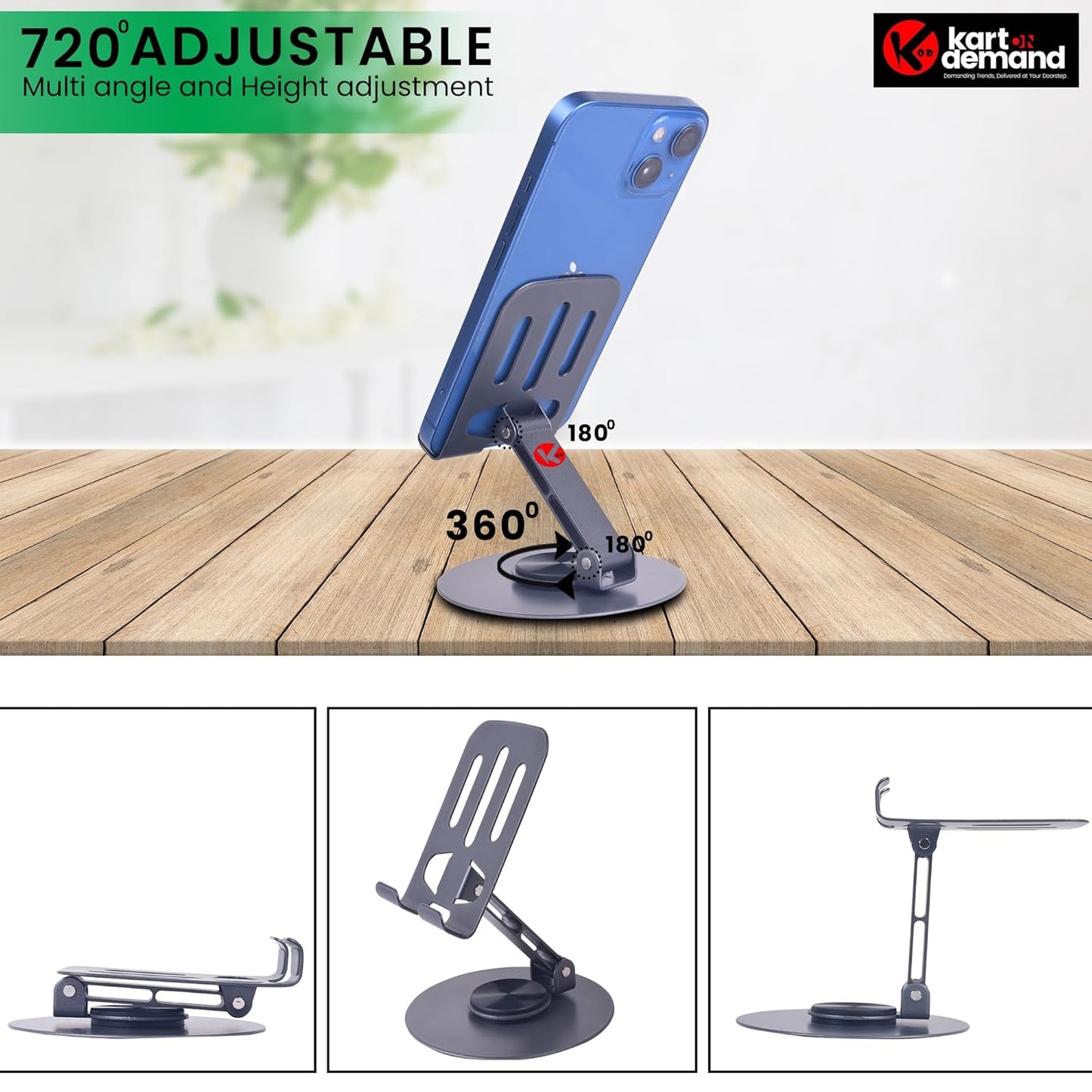 KART ON DEMAND KOD 360° Angle Rotating & Height Adjustable Mobile Stand, Mobile Holder for Table, Phone Stand Holder, Mobile Holder for Table
