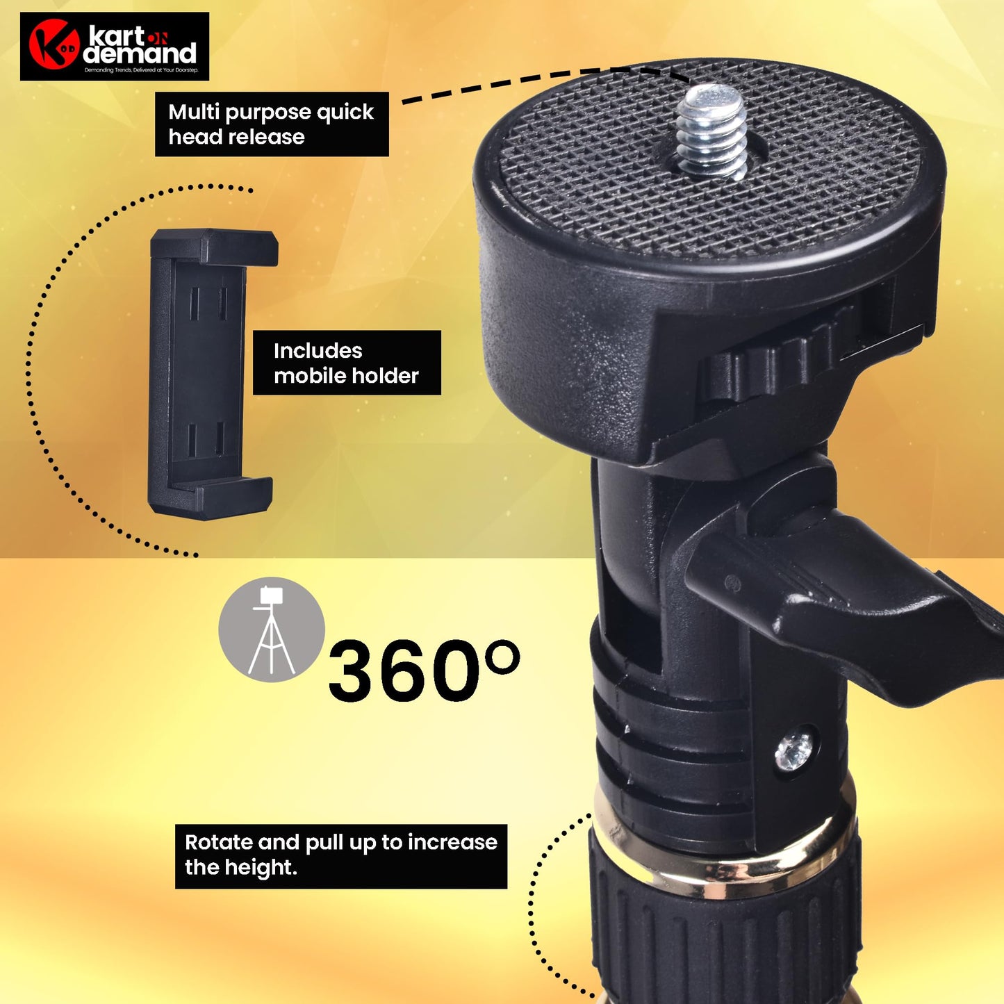 KOD Lightweight & Portable Portable 6.1 Feet (74 Inch) Long Tripod Stand Lightweight & Portable with Adjustable Clip for All Mobiles & Cameras Black & 24k Golden Finished
