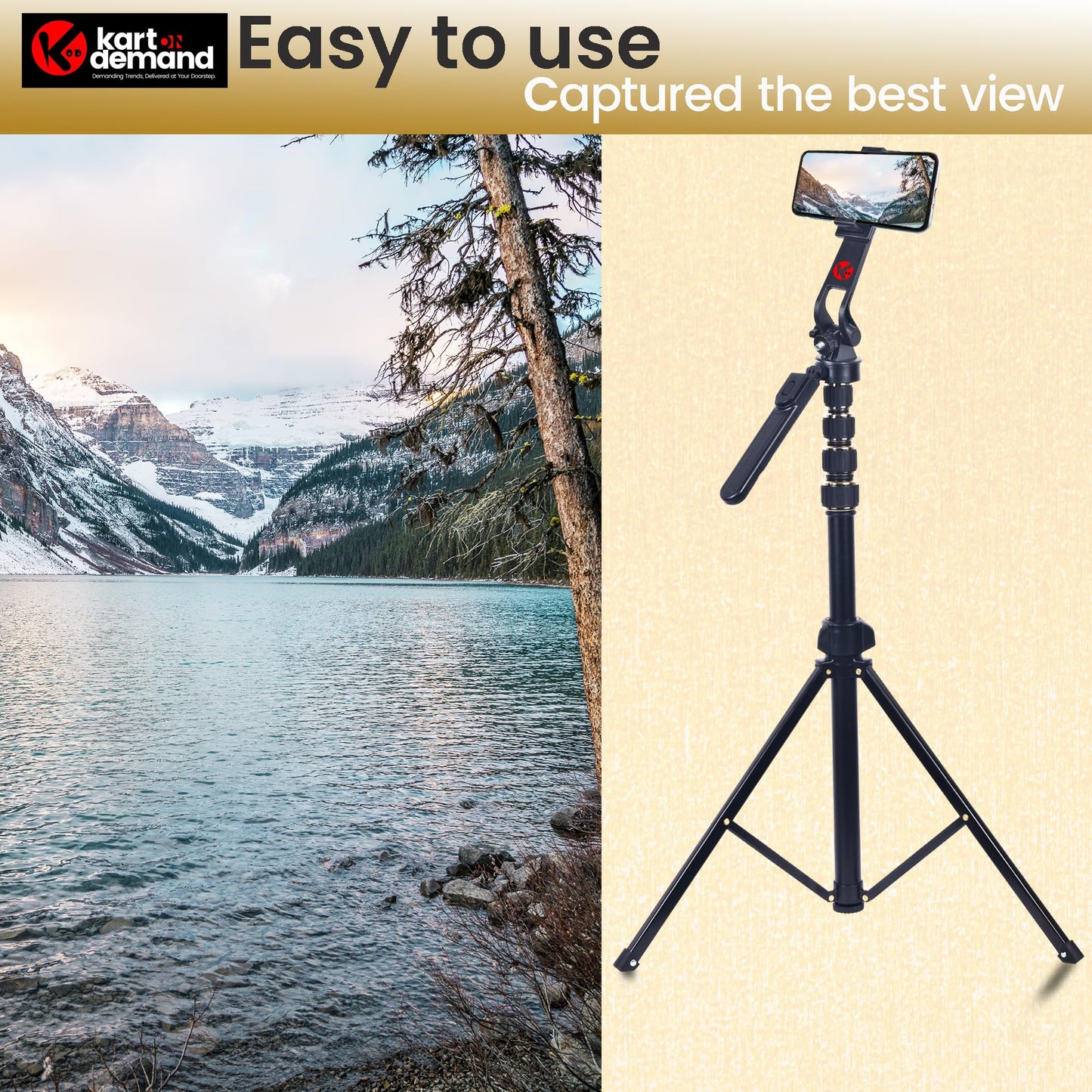 KOD Lightweight & Portable Portable 6.1 Feet (74 Inch) Long Tripod Stand Lightweight & Portable with Adjustable Clip for All Mobiles & Cameras Black & 24k Golden Finished